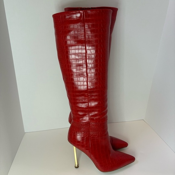 Unbranded Red Croc Embossed Knee High Boots Gold Heel Pointed Toe Size 8 - Picture 6 of 16